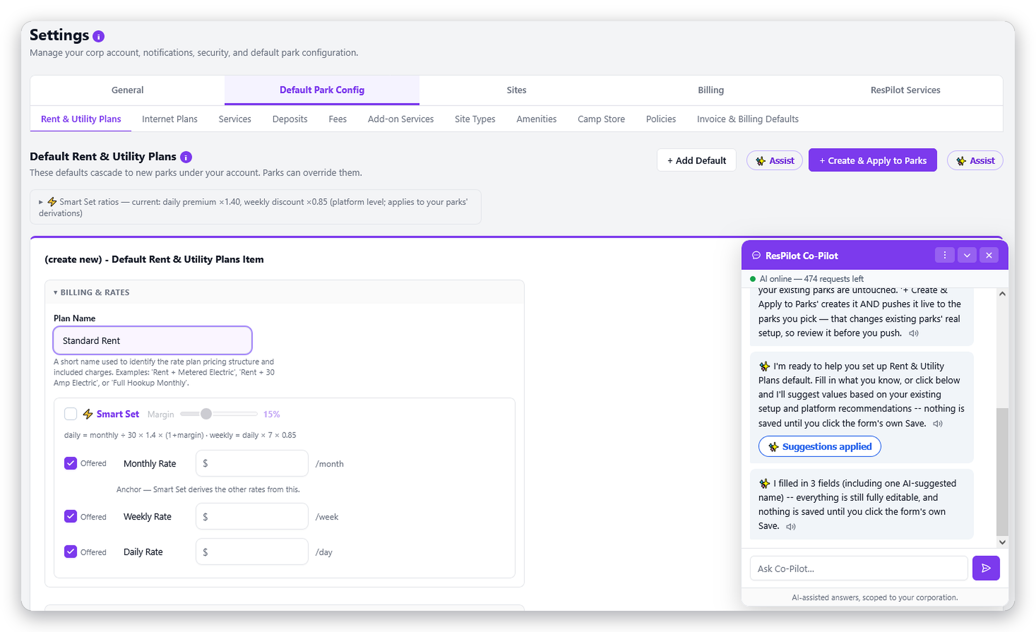 AI Assisted Setup pre-filling a rent plan form with ✨-marked suggestions and low-confidence pricing flagged for review before the owner saves